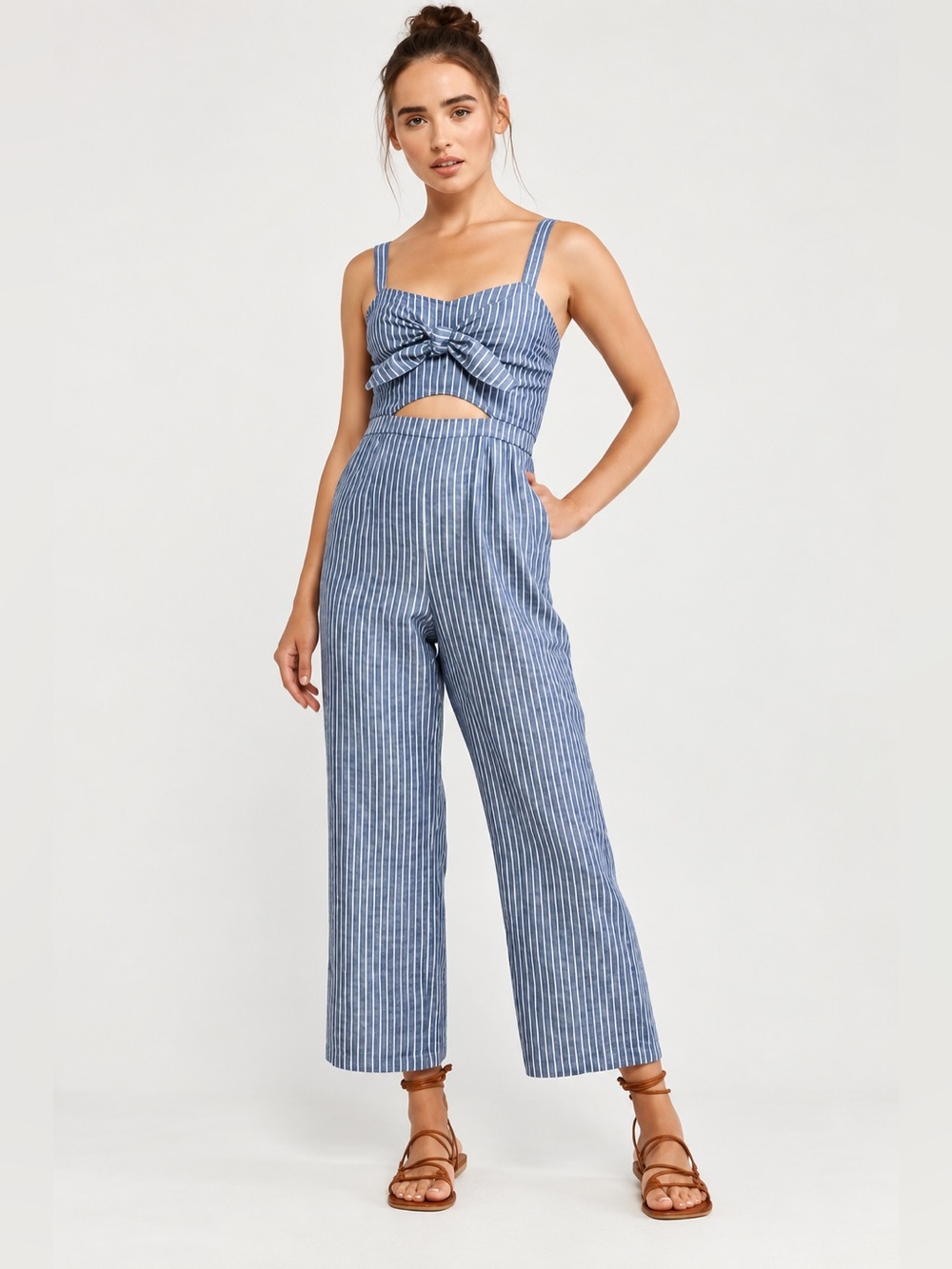 Abercrombie & Fitch Striped Linen Blend Tie Front Cutout Jumpsuit XS